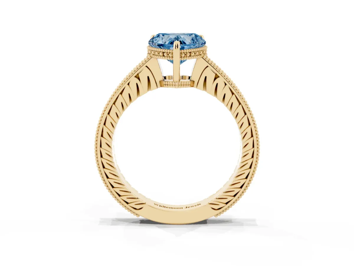 Fancy Blue Heart Cut Solitaire Pavé Diamond Milgrain Engagement Ring with Four-Prong Setting Yellow gold