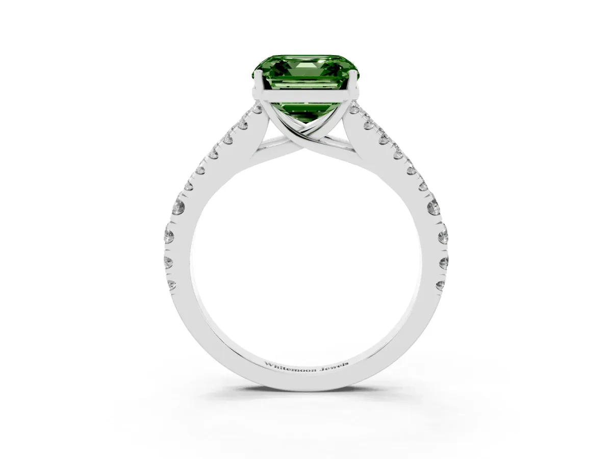 Fancy Green Asscher Cut Diamond Split Shank Pavé Engagement Ring with Four-Prong Setting Platinum