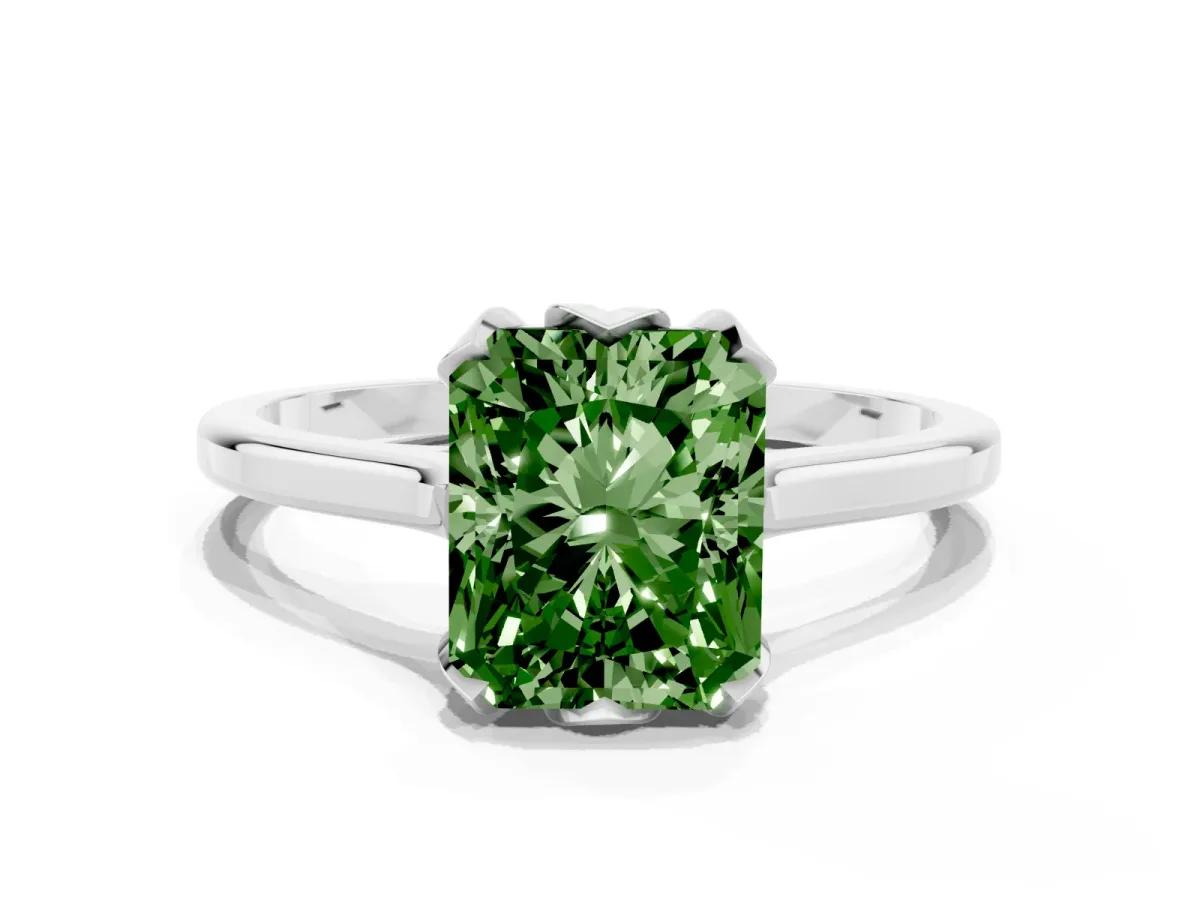 Fancy Green Radiant Cut Diamond Solitaire Ring with Flower Prong Setting and Classic Band Silver