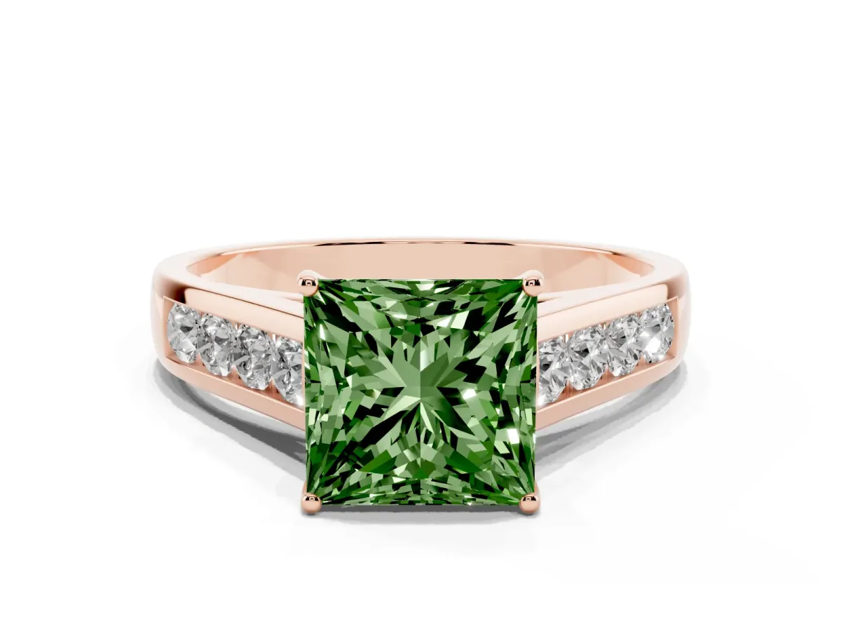 Fancy Green Princess Cut Solitaire Channel-Set Diamond Engagement Ring with Four-Prong Setting Rose gold