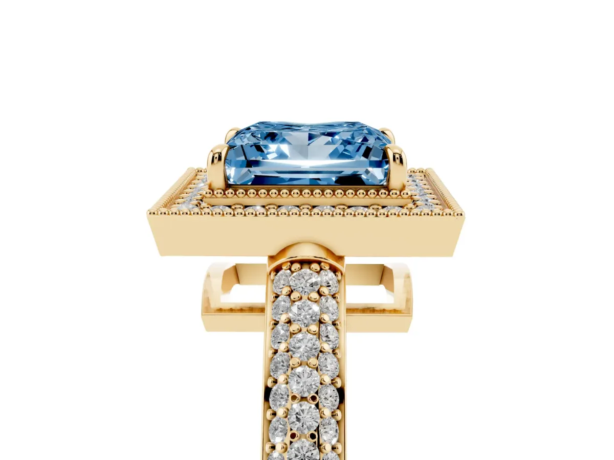 Fancy Blue Princess Cut Cut Halo Diamond Pave Band with Four-Prong Setting Yellow gold