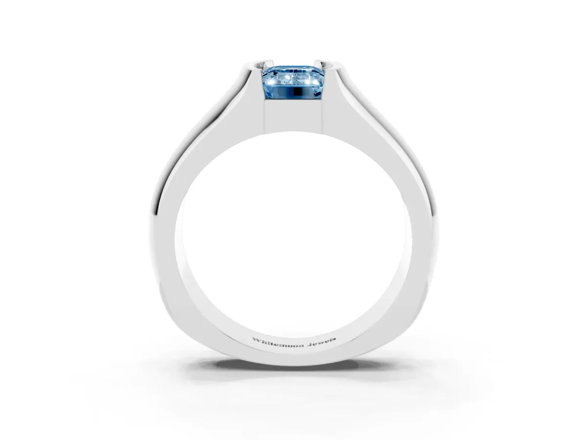 Fancy Blue Emerald Cut Solitaire Bezel Set Diamond Ring with Wide Band Platinum