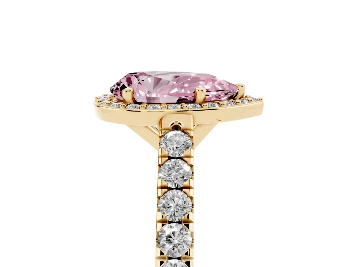 Fancy Pink Pear Cut Cut Halo Diamond Engagement Ring with Pave Band and Four-Prong Setting Yellow gold
