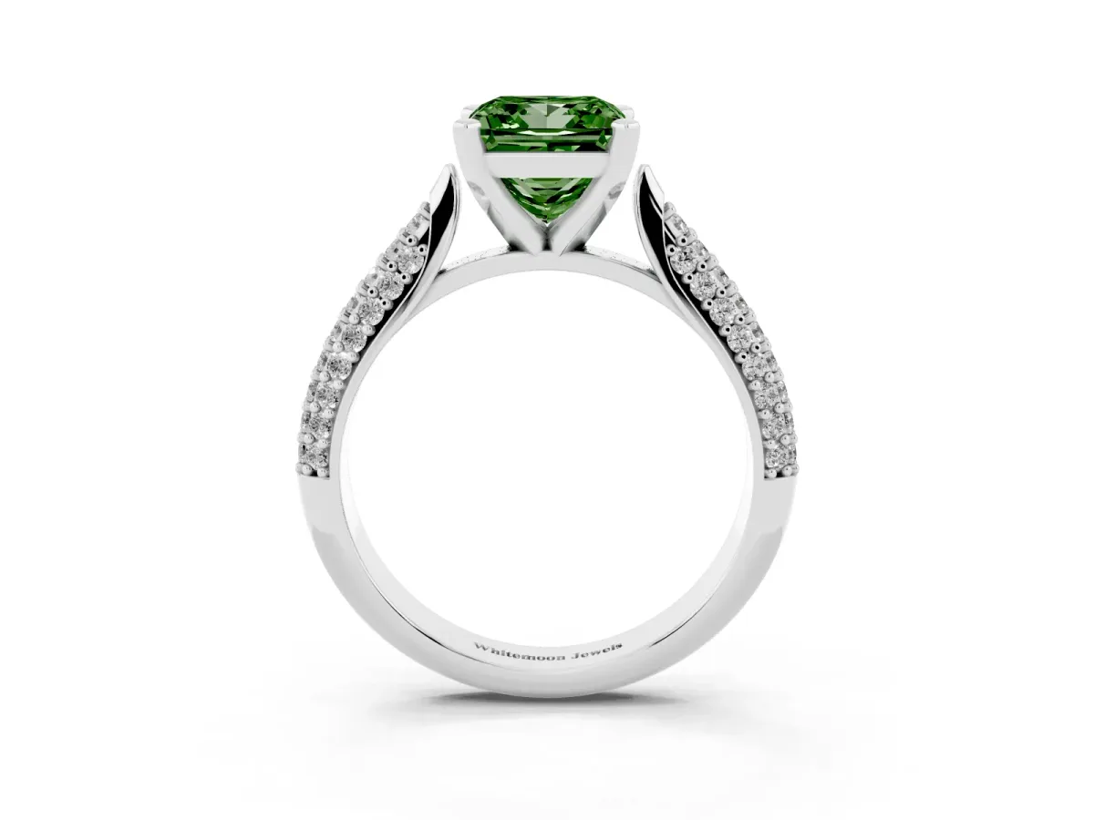 Fancy Green Princess Cut Diamond Solitaire Engagement Ring with Multi-Row Round Pavé Band and Prong Setting Platinum