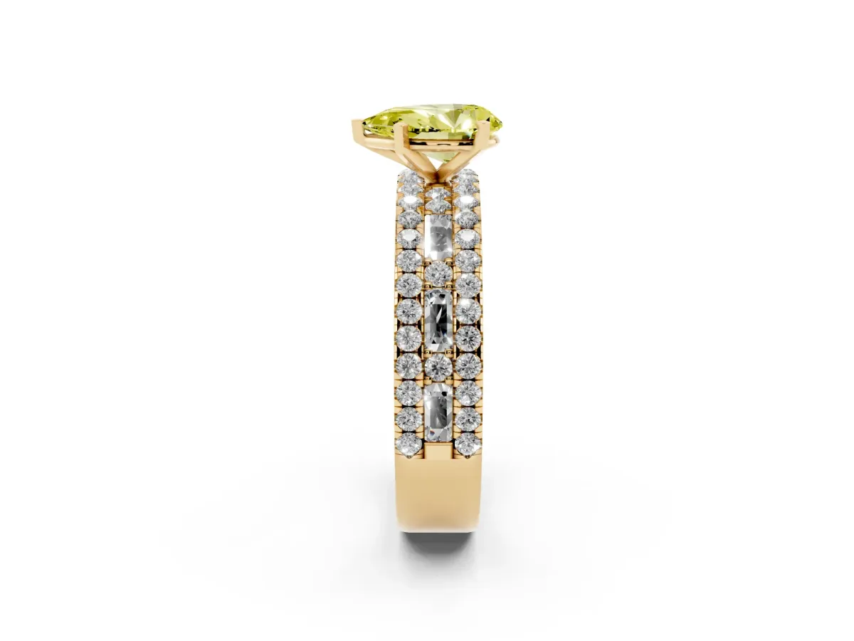 Fancy Yellow Pear Cut Diamond Solitaire Ring with Pavé and Channel Set Band Yellow gold