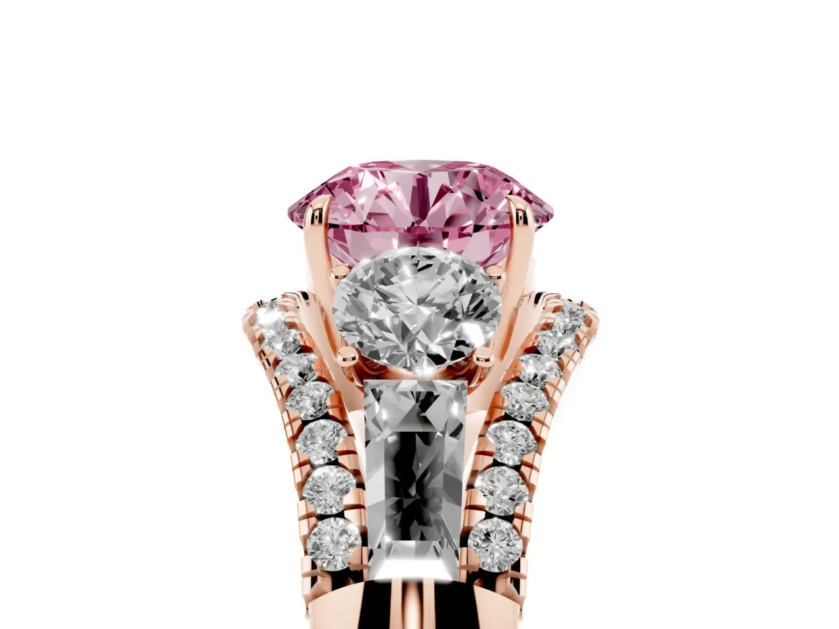 Fancy Pink Three-Stone Round Cut Diamond Engagement Ring with Pave Band and Prong Setting Rose gold