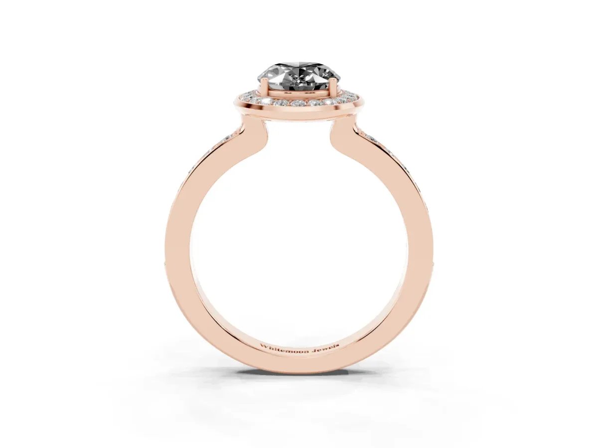 Fancy Black Oval Cut Diamond Halo Ring with Bezel Frame and Pavé Band Rose gold