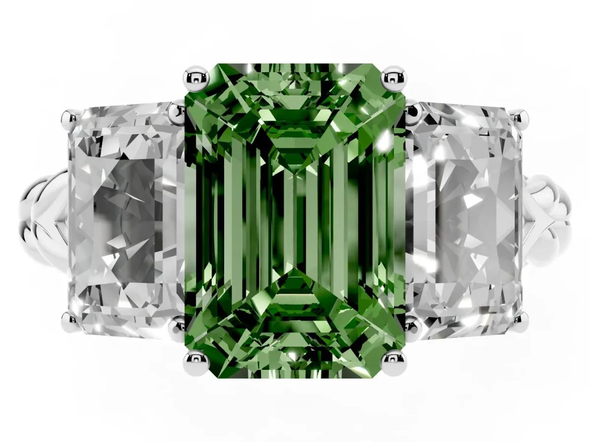 Fancy Green Three-Stone Emerald Cut Diamond Braided Band Ring with Four-Prong Setting Platinum