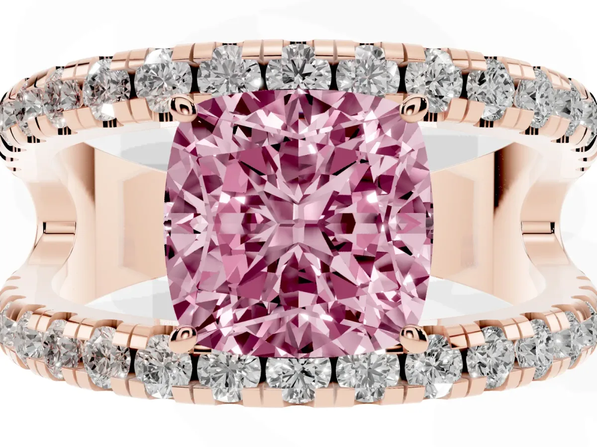 Fancy Pink Cushion Cut Solitaire Split Shank Pave Diamond Ring Rose gold