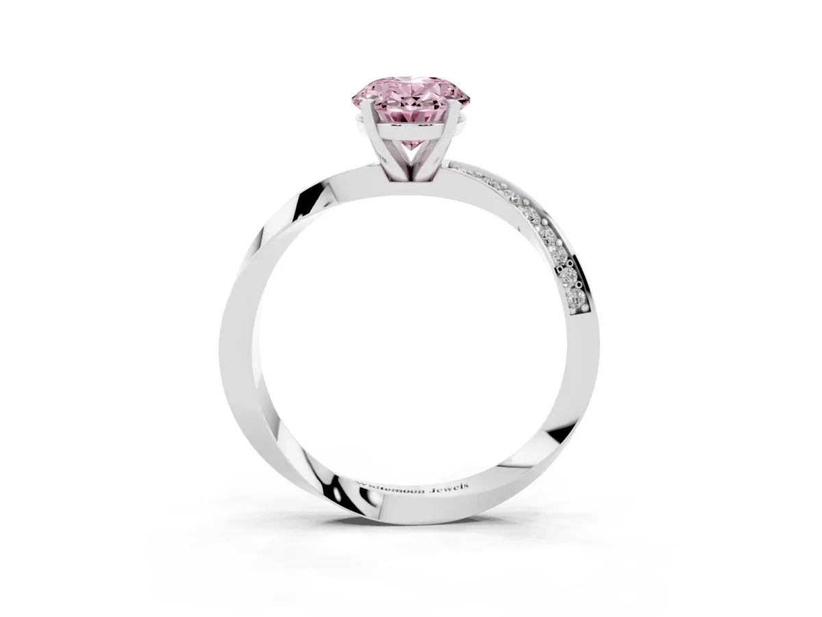 Fancy Pink Oval Cut Diamond Engagement Ring with Side Stone Accents and Four-Prong Setting Silver