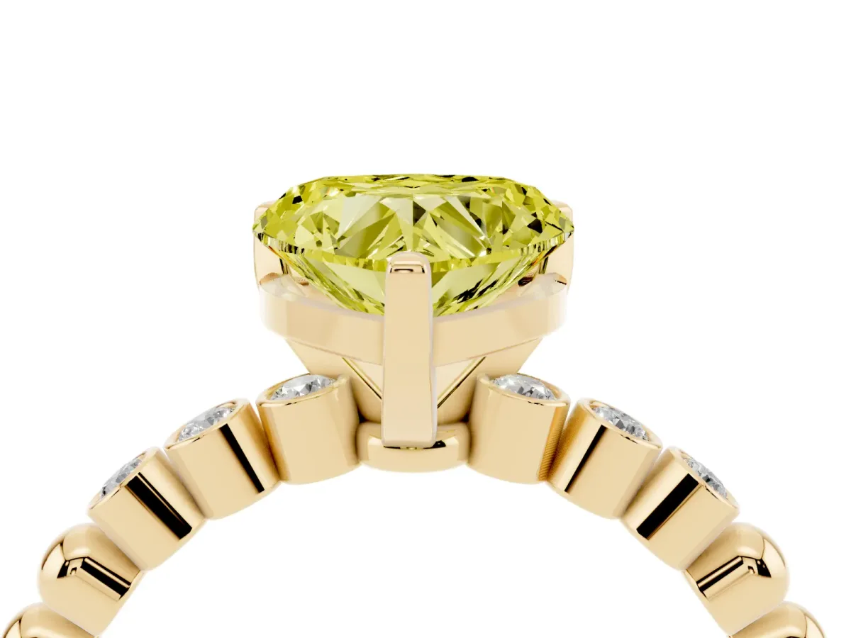 Fancy Yellow Heart Cut Solitaire Bezel Accent Diamond Engagement Ring with Beaded Band and Four-Prong Setting Yellow gold