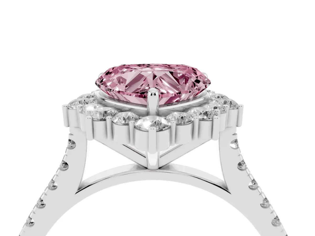 Fancy Pink Heart Cut Halo Diamond Ring with Pavé Band and Prong Setting Silver