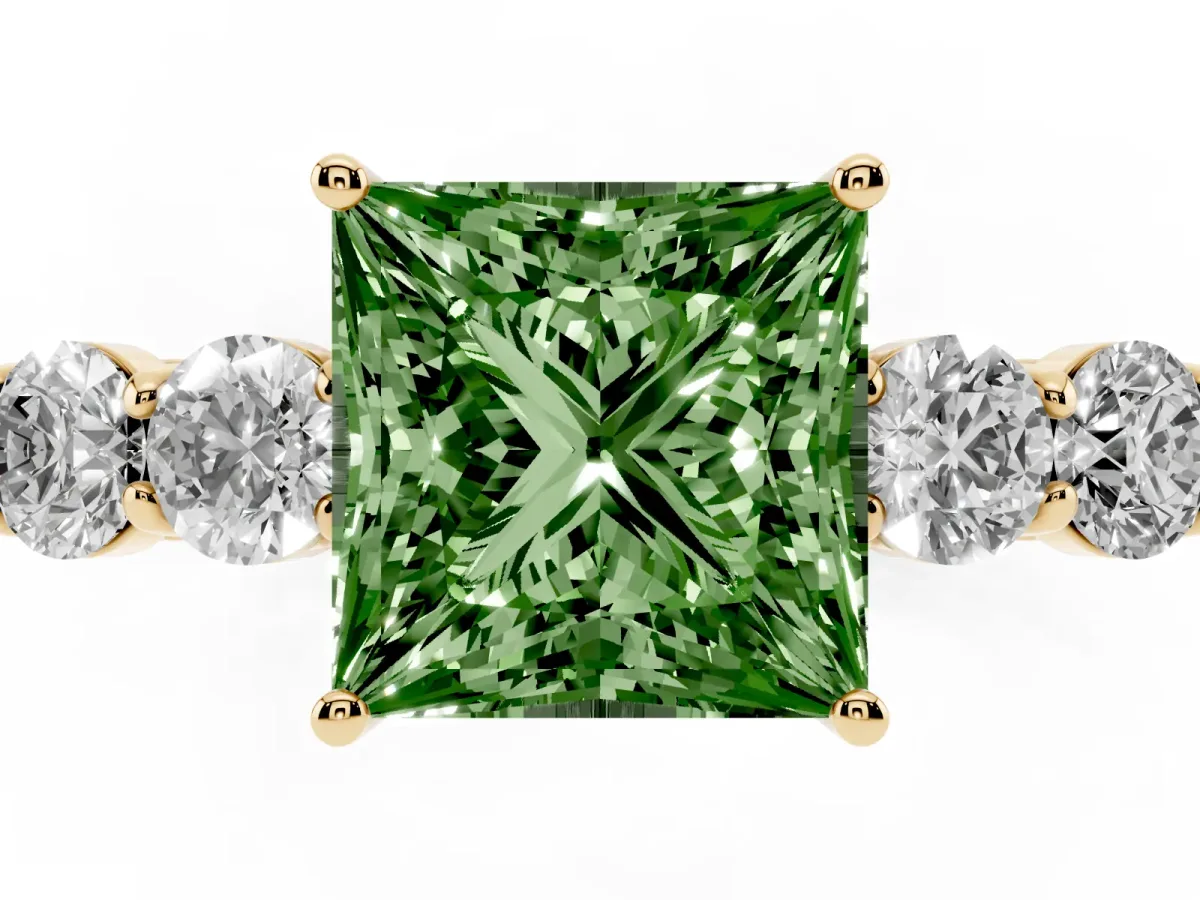 Fancy Green Princess Cut Cut Diamond Five-Stone Prong Set White Gold Ring Yellow gold