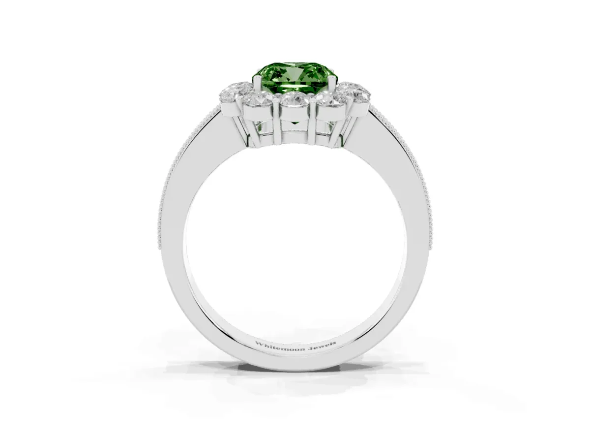 Fancy Green Cushion Cut Cut Halo Diamond Pavé Engagement Ring with Milgrain Detailing Silver