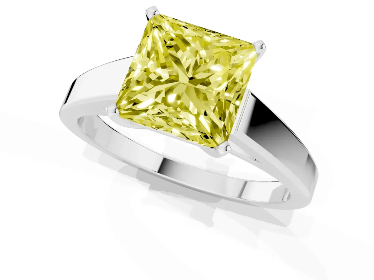 Fancy Yellow Princess Cut Solitaire Engagement Ring with Four-Prong Setting and Tapered Band Platinum