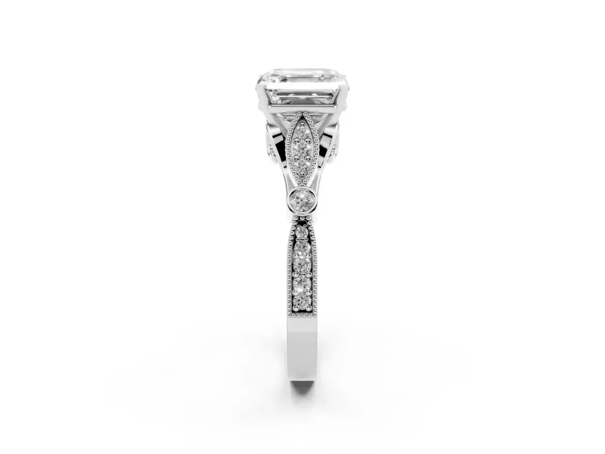 Asscher Cut Cut Diamond with Milgrain Marquise and Bezel Accents on a Solitaire Band with Prong Setting Platinum