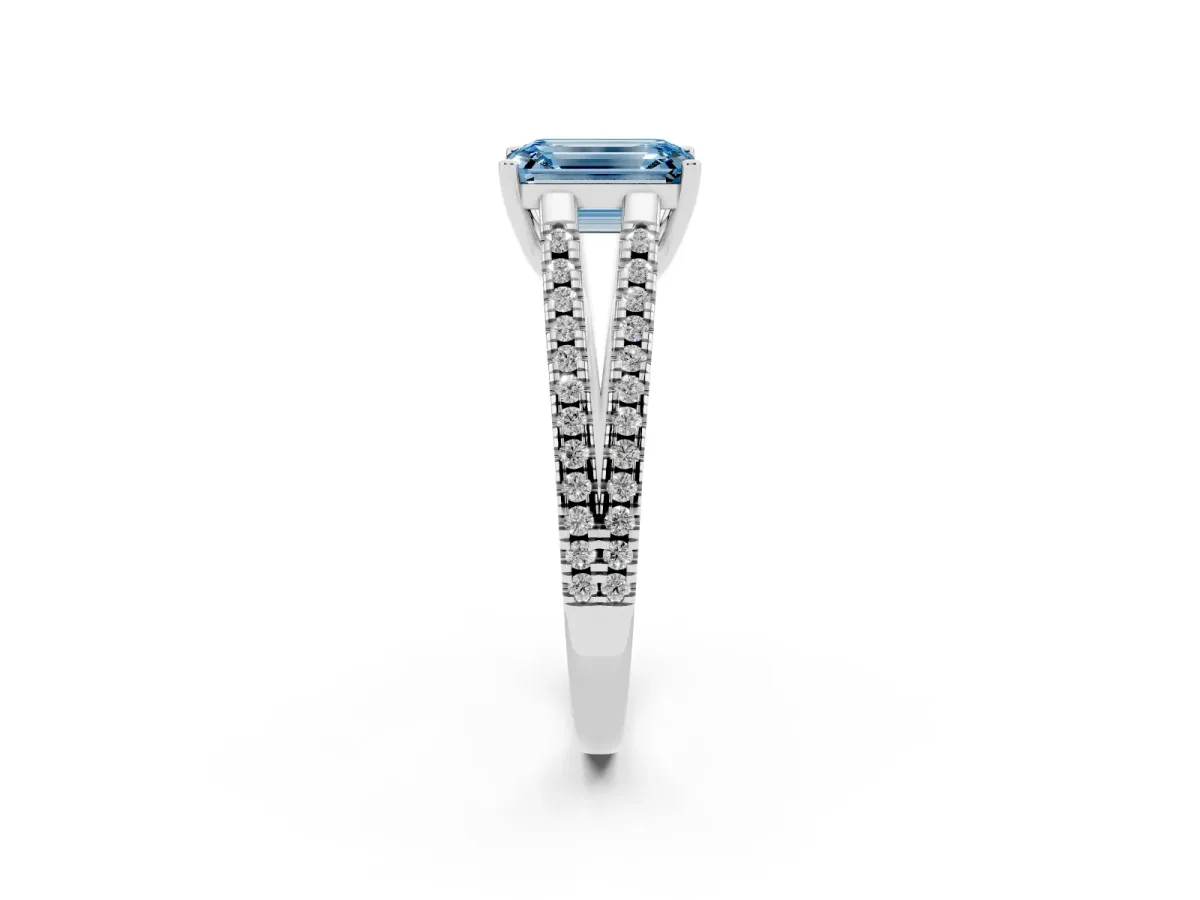 Fancy Blue Emerald Cut Diamond Solitaire Engagement Ring with Split Shank Pavé Band Platinum