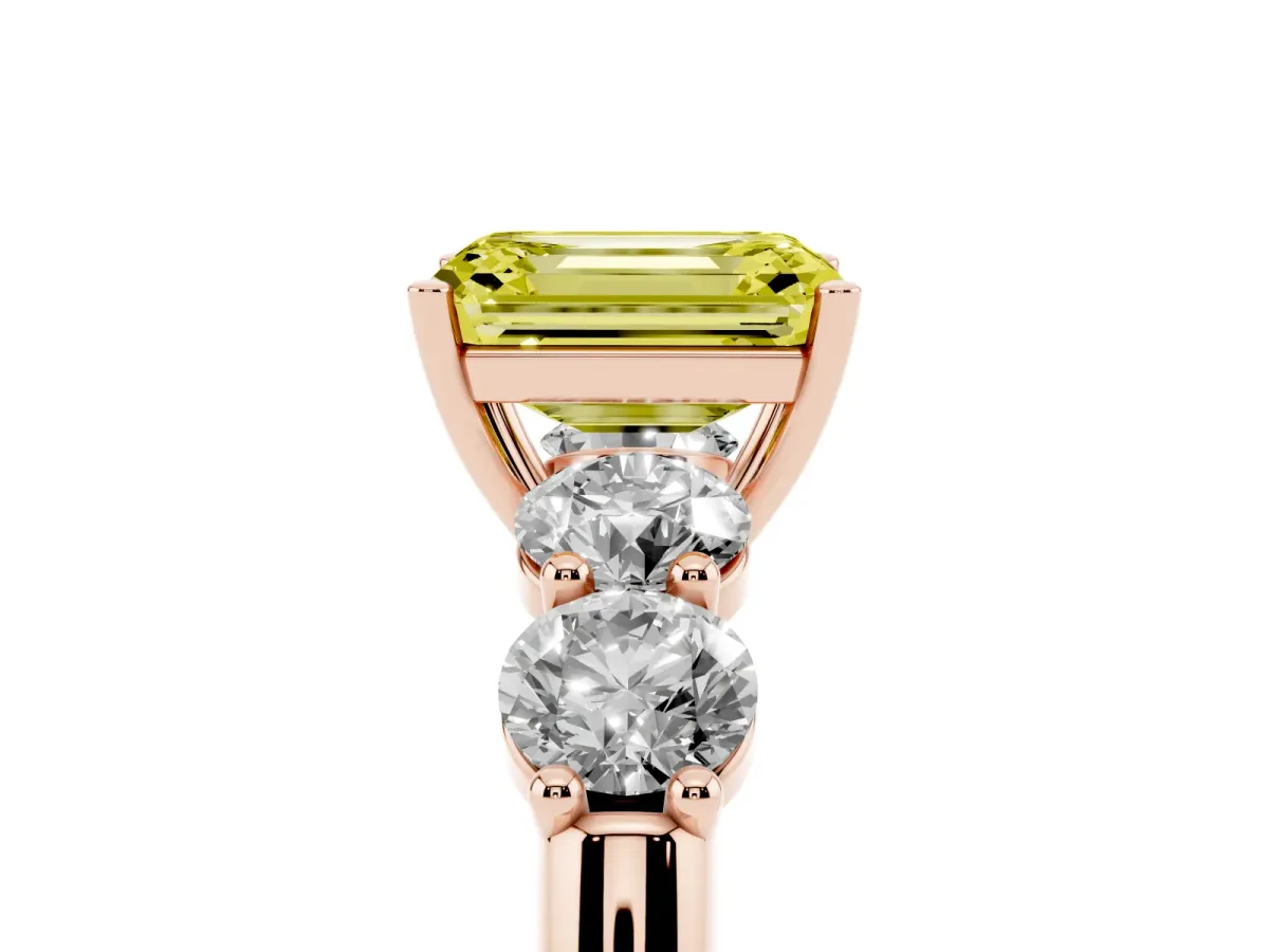 Fancy Yellow Emerald Cut Cut Five-Stone Prong Set Diamond Ring with Classic Band Rose gold