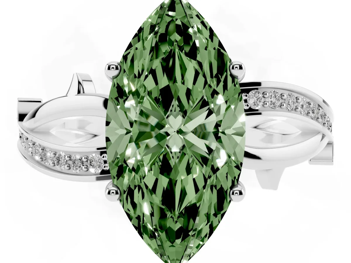 Fancy Green Marquise Cut Solitaire Twist Band with Pavé Accents and Four-Prong Setting White gold