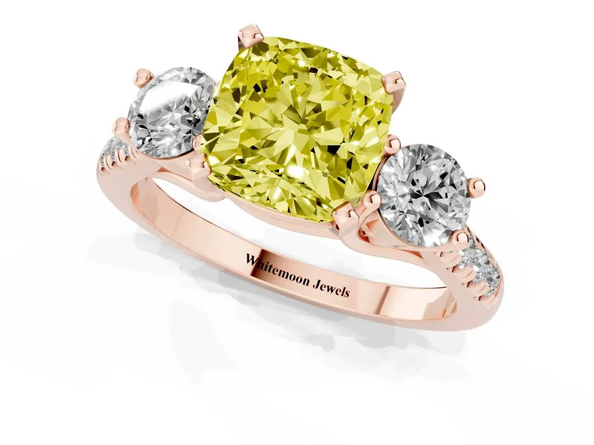 Fancy Yellow Three-Stone Cushion Cut Diamond Pavé Band with Four-Prong Setting Rose gold