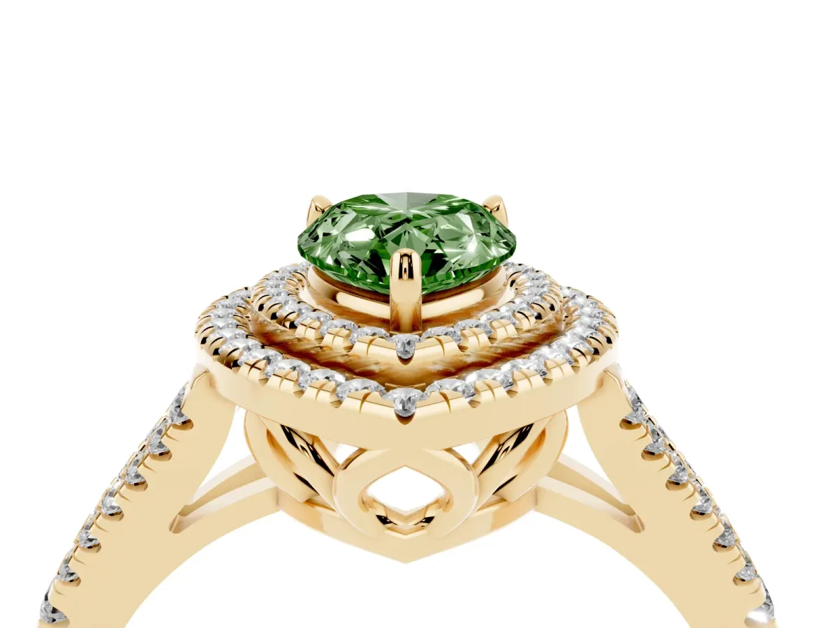 Fancy Green Pear Cut Diamond Double Halo Ring with Pavé Band and Prong Setting Yellow gold