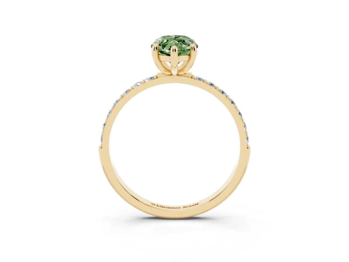 Fancy Green Marquise Cut Diamond Solitaire Ring with Round Pavé Band and Prong Setting Yellow gold