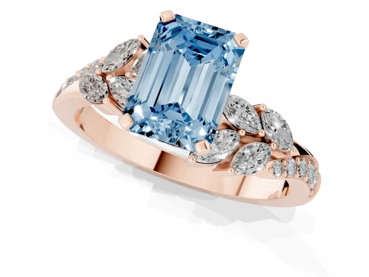 Fancy Blue Emerald Cut Solitaire Marquise Twist Band with Six-Prong Setting Rose gold