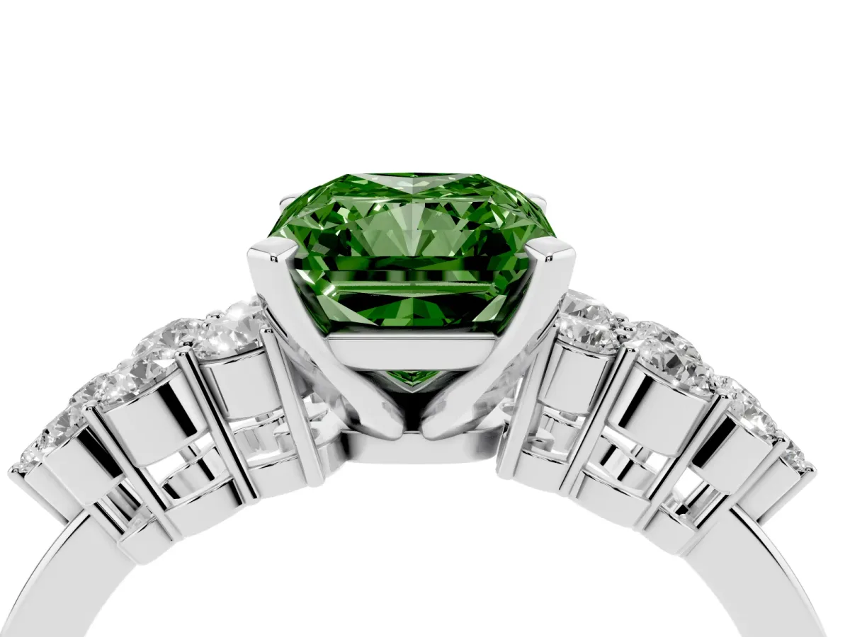 Fancy Green Radiant Cut Cluster Diamond Engagement Ring with Pavé Band and Four-Prong Setting Platinum