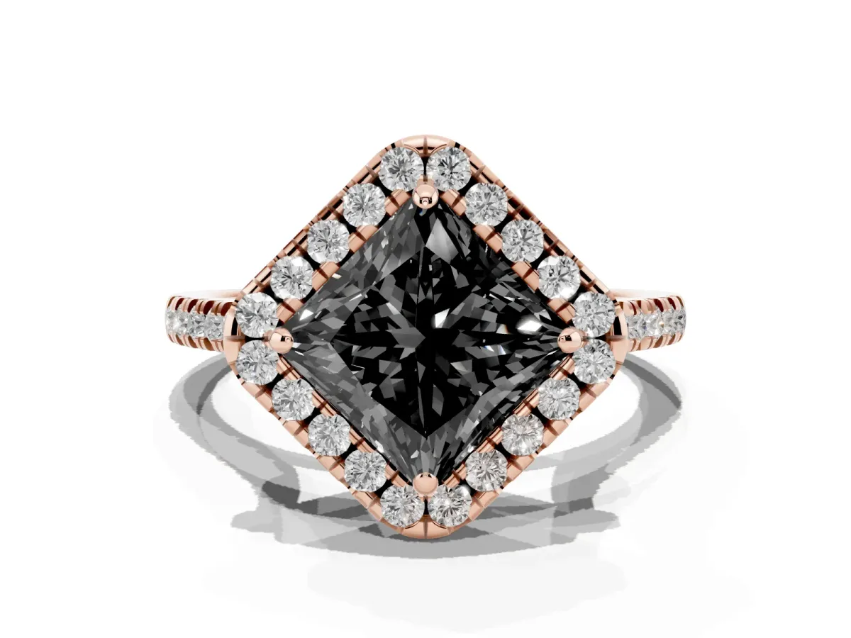 Fancy Black Princess Cut Diamond Cushion Halo Ring with Pavé Band Rose gold