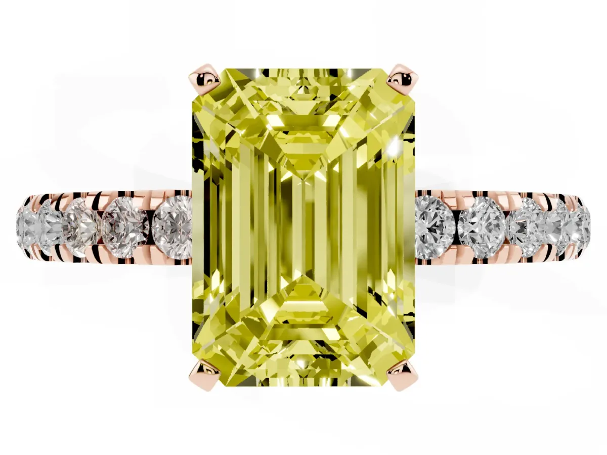 Fancy Yellow Emerald Cut Diamond Solitaire Ring with Pavé Accents and Four-Prong Setting Rose gold