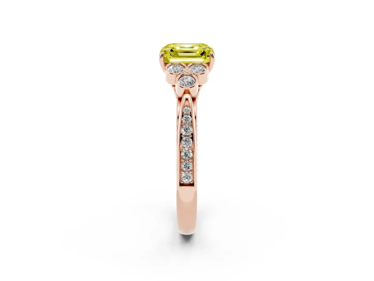 Fancy Yellow Asscher Cut Cut Diamond Engagement Ring with Bezel Set Round Side Stones and Prong Setting Rose gold