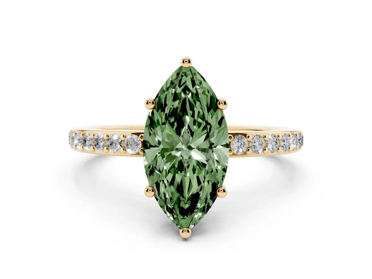 Fancy Green Marquise Cut Cut Diamond Pavé Band Ring with Four-Prong Setting Yellow gold