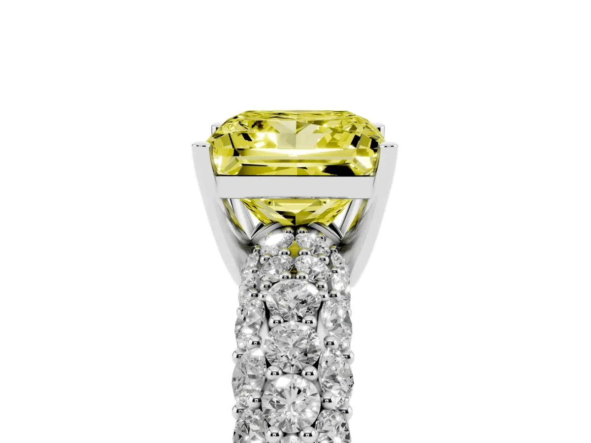Fancy Yellow Princess Cut Diamond Pavé Band Solitaire Ring with Four-Prong Setting Platinum