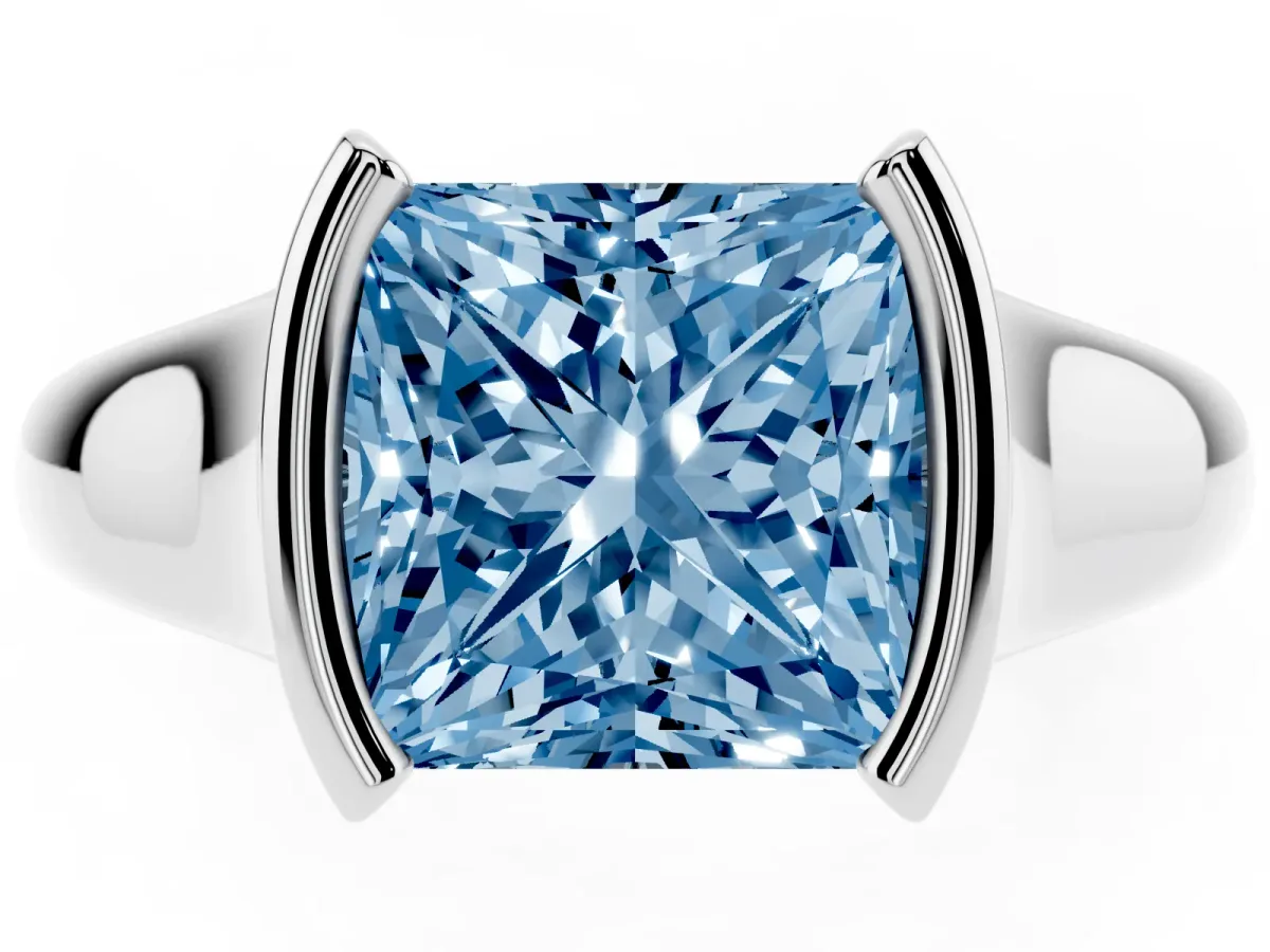 Fancy Blue Princess Cut Solitaire Tension Set Diamond Ring with Split Shank Band Platinum