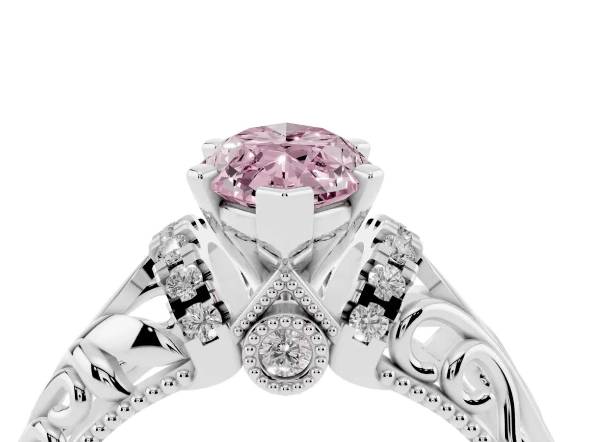 Fancy Pink Marquise Cut Solitaire Filigree Engagement Ring with Halo and Prong Setting Silver