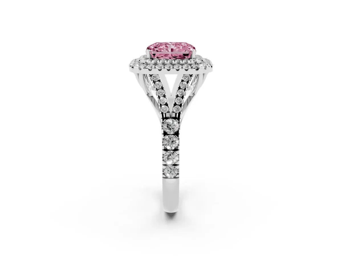 Fancy Pink Radiant Cut Cut Double Halo Split Shank Diamond Ring with Prong Setting White gold