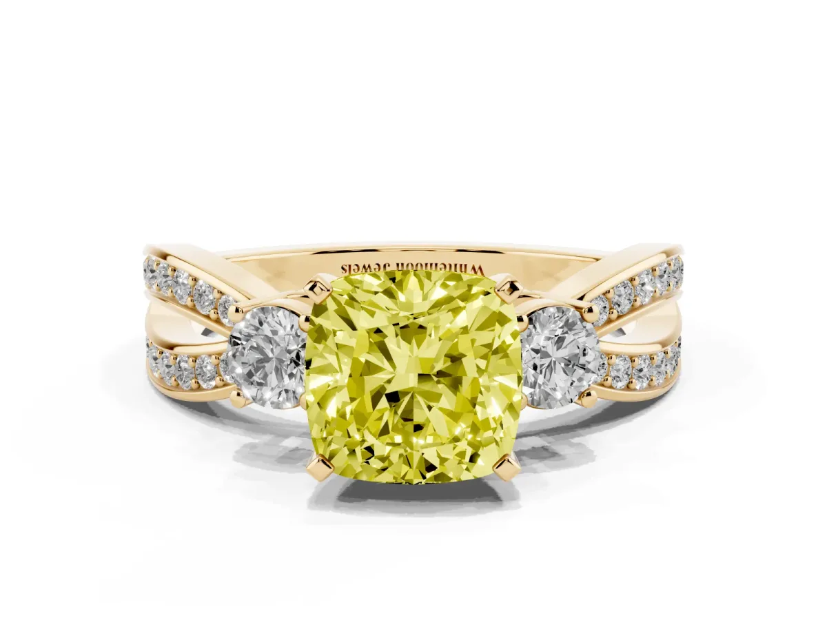 Fancy Yellow Three-Stone Cushion Cut Cut Diamond Twist Band with Prong Setting Yellow gold