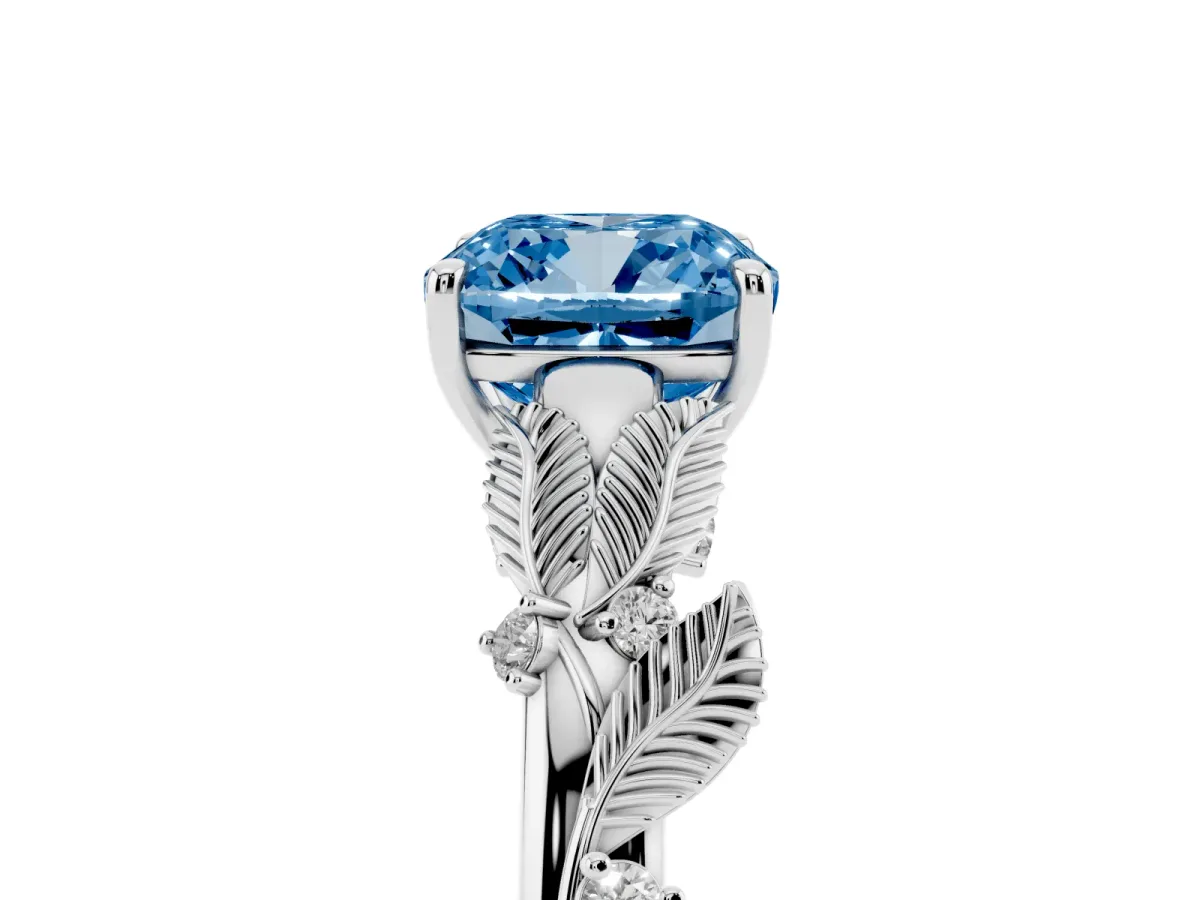 Fancy Blue Cushion Cut Diamond Solitaire Ring with Leaf Motif Band and Four-Prong Setting Silver