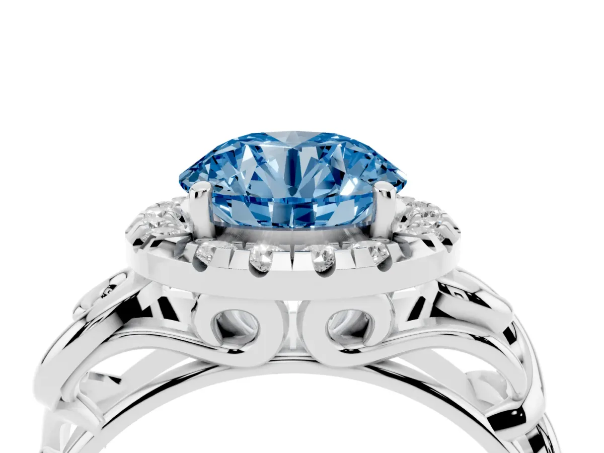 Fancy Blue Round Cut Cut Halo Diamond Ring with Scrollwork Band and Four-Prong Setting Platinum