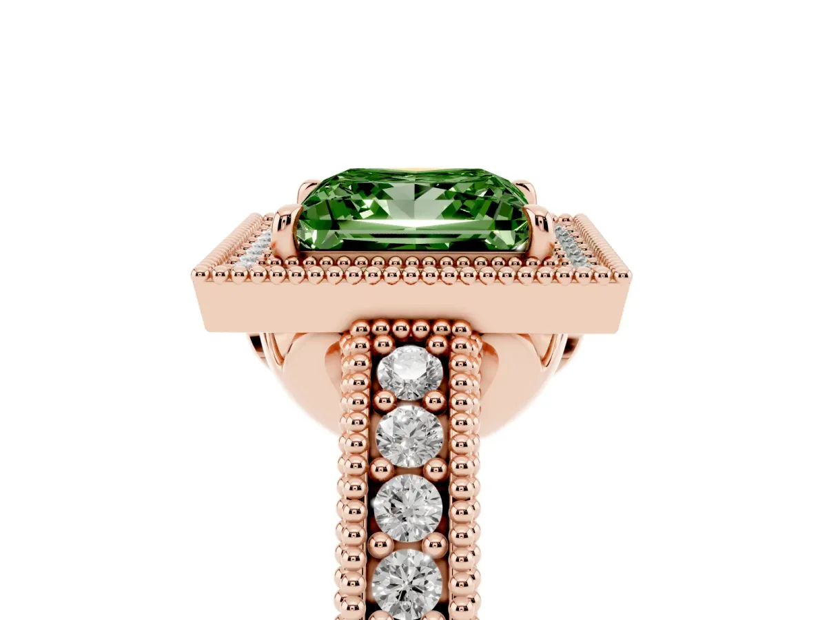 Fancy Green Princess Cut Cut Halo Diamond Ring with Pavé Band and Four-Prong Setting Rose gold