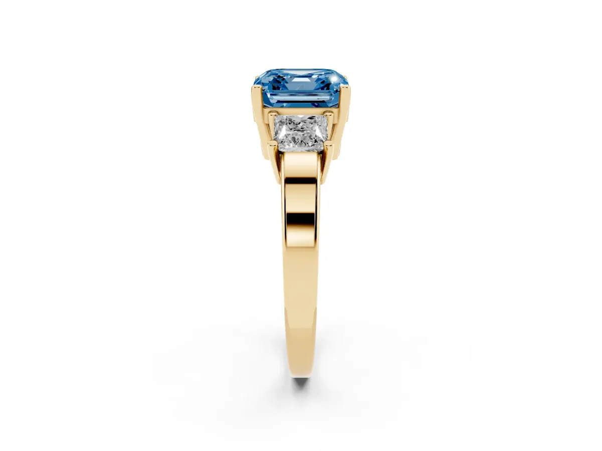 Fancy Blue Three-Stone Asscher Cut Cut Solitaire Ring with Prong Setting Yellow gold