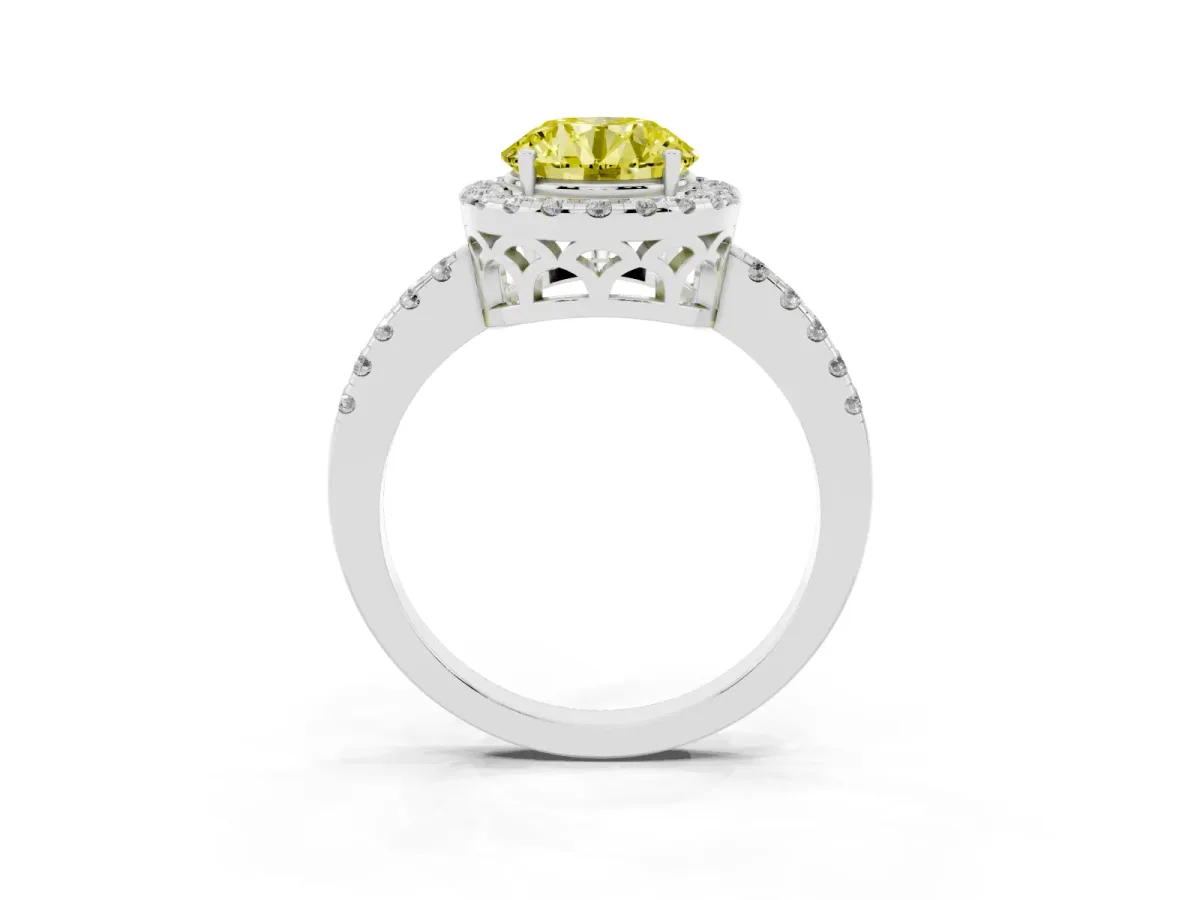 Fancy Yellow Round Cut Halo Diamond Engagement Ring with Pavé Band and Four-Prong Setting Silver