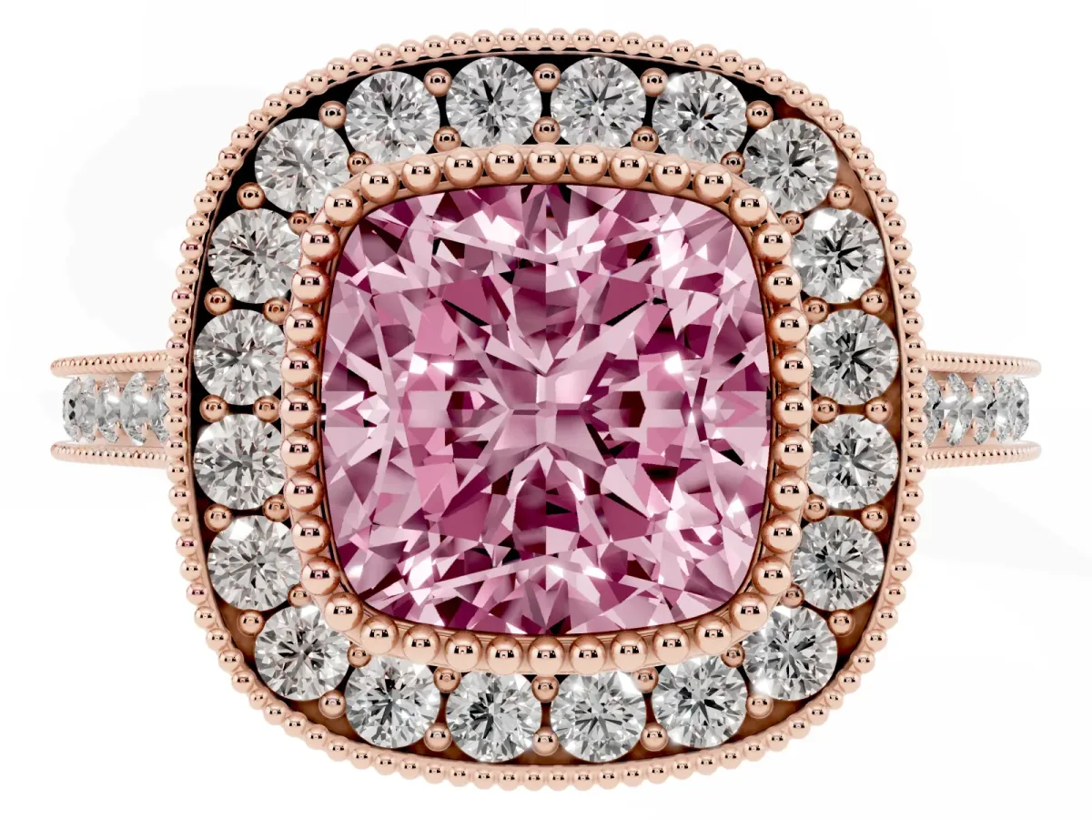 Fancy Pink Cushion Cut Diamond Halo Ring with Milgrain Frame and Pavé Band Rose gold