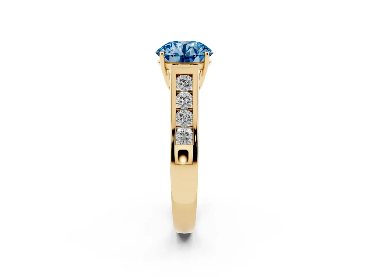 Fancy Blue Round Cut Solitaire Channel-Set Diamond Engagement Ring with Four-Prong Setting Yellow gold