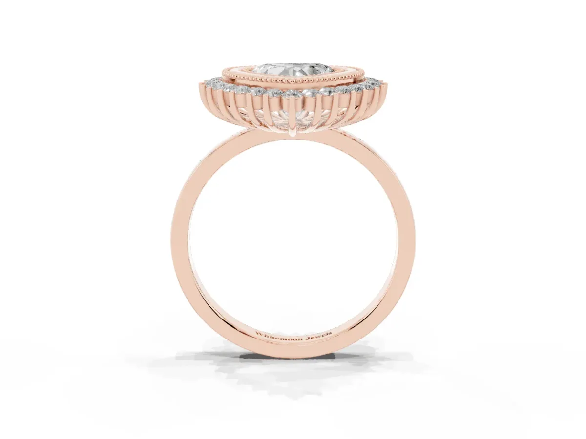 Heart Cut Halo Diamond Ring with Milgrain Edge and Round Prong Setting Rose gold