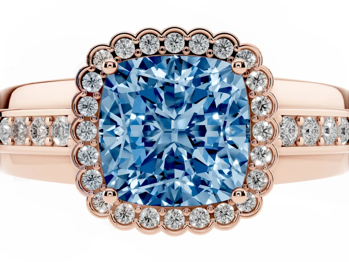 Fancy Blue Cushion Cut Cut Halo Pave Band Four-Prong Ring Rose gold
