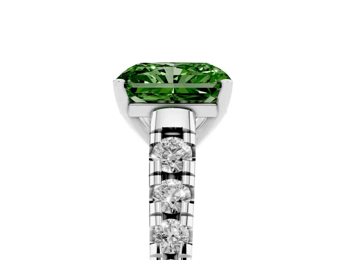 Fancy Green Radiant Cut Diamond Cathedral Solitaire Ring with Round Pavé Band Silver