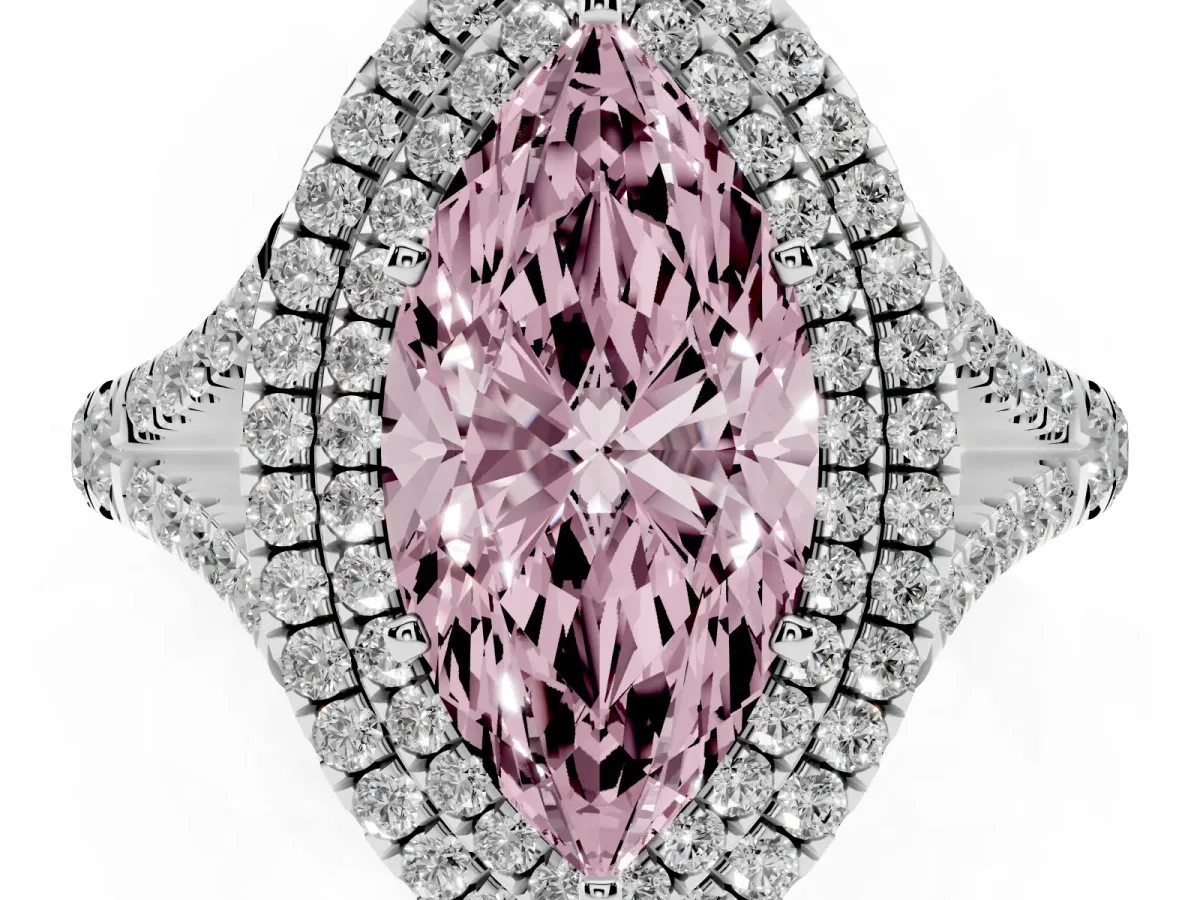 Fancy Pink Marquise Cut Cut Double Halo Split Shank Diamond Ring with Prong Setting Silver