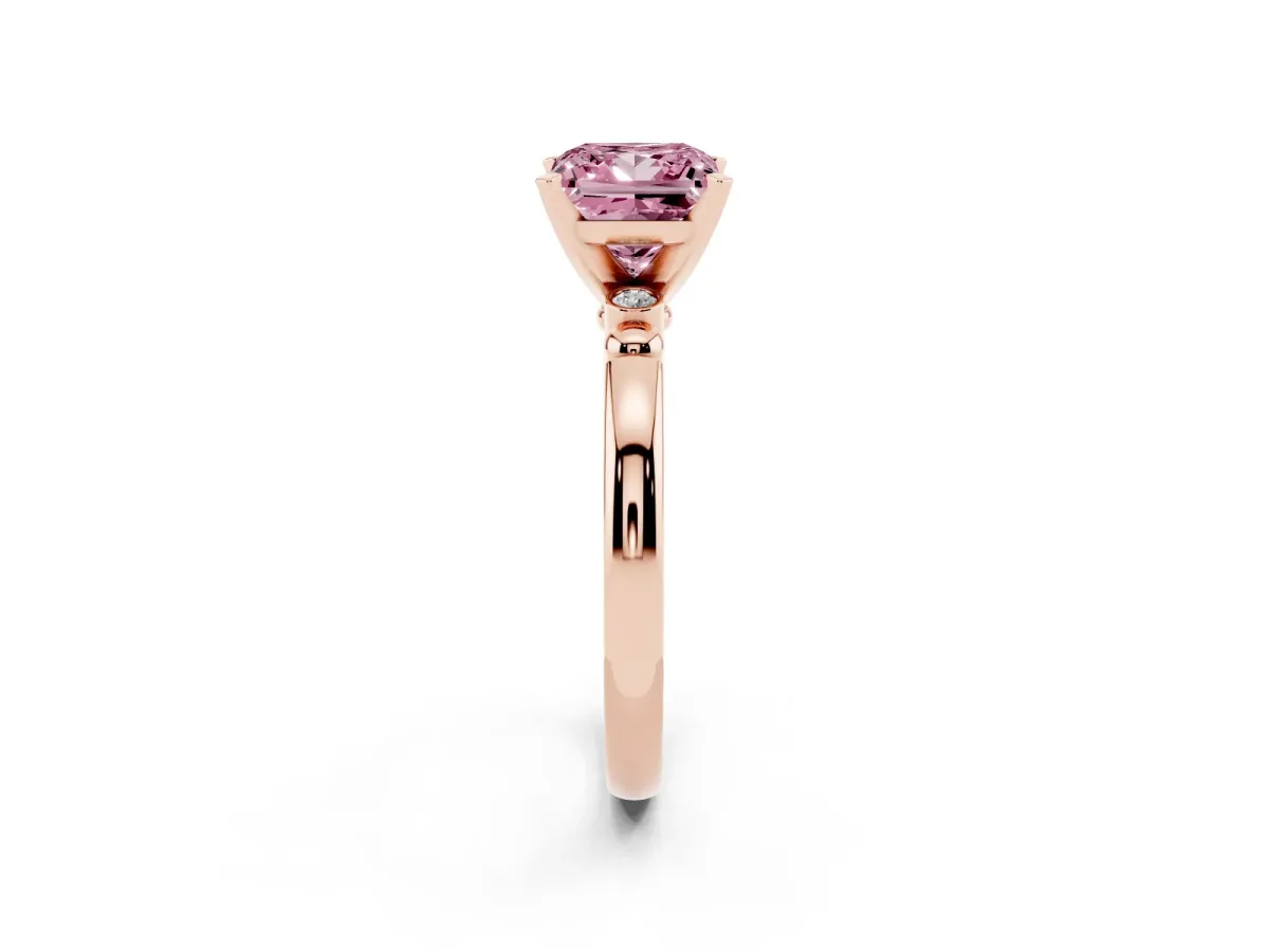 Fancy Pink Princess Cut Solitaire Beaded Band with Four-Prong Setting Rose gold