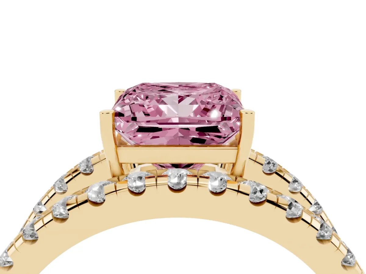 Fancy Pink Princess Cut Solitaire Split Shank Pave Diamond Ring Yellow gold